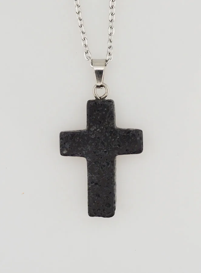 Religious Necklace in Stainless Steel with Lava Stone Cross (pic 4)