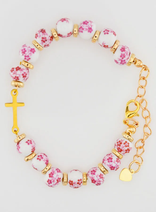 Bracelet with Cross and Ceramic Beads – Pink (pic 1)