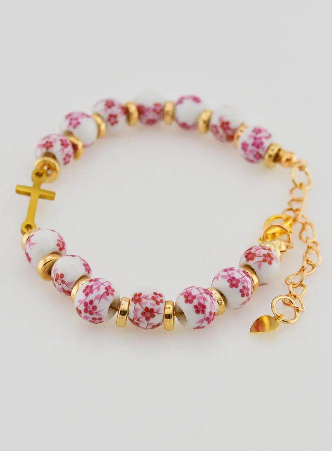 Bracelet with Cross and Ceramic Beads – Pink (pic 2)