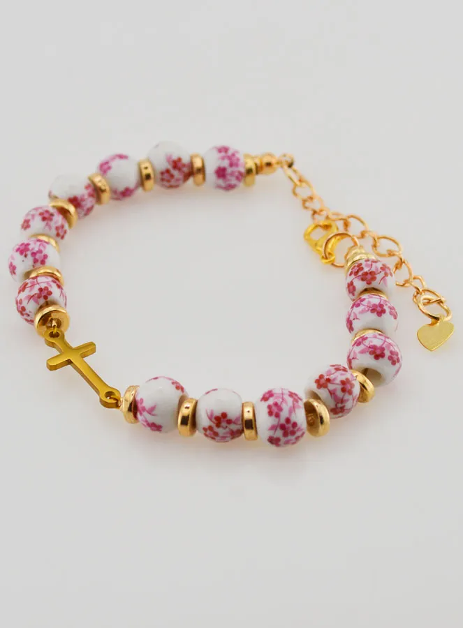 Bracelet with Cross and Ceramic Beads – Pink (pic 3)