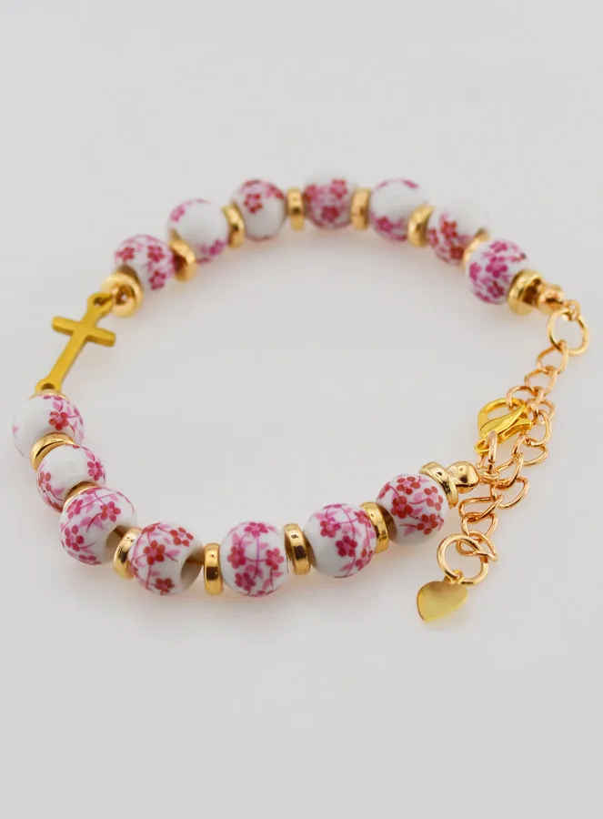 Bracelet with Cross and Ceramic Beads – Pink (pic 4)