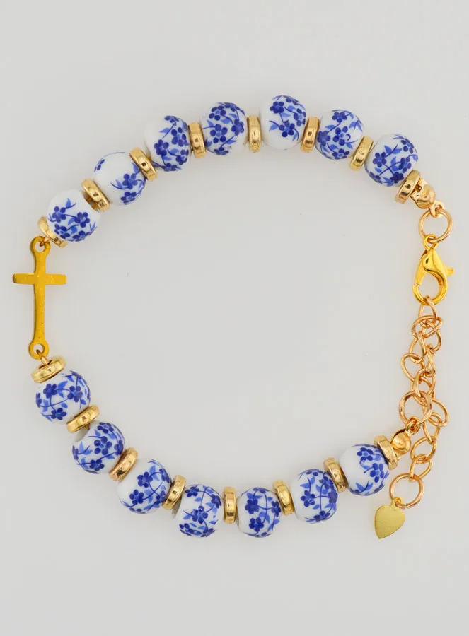 Bracelet with Cross and Ceramic Beads - Blue (pic 1)