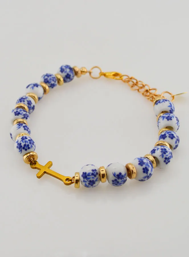 Bracelet with Cross and Ceramic Beads - Blue (pic 3)