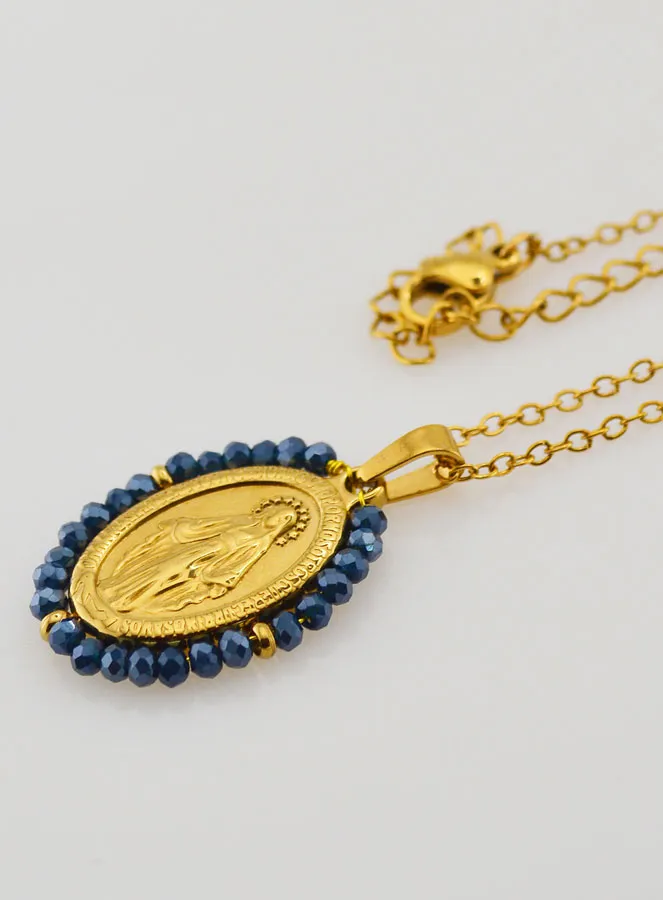 Miraculous Medal Necklace – Blue Beads (pic 1)
