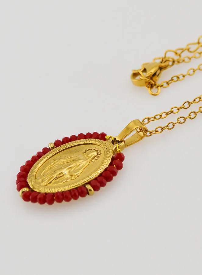Miraculous Medal Faceted Beads with Necklace – Red (pic 1)