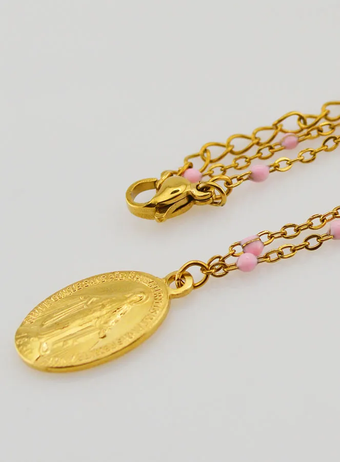 Beaded Necklace with Miraculous Medal – Pink (pic 1)