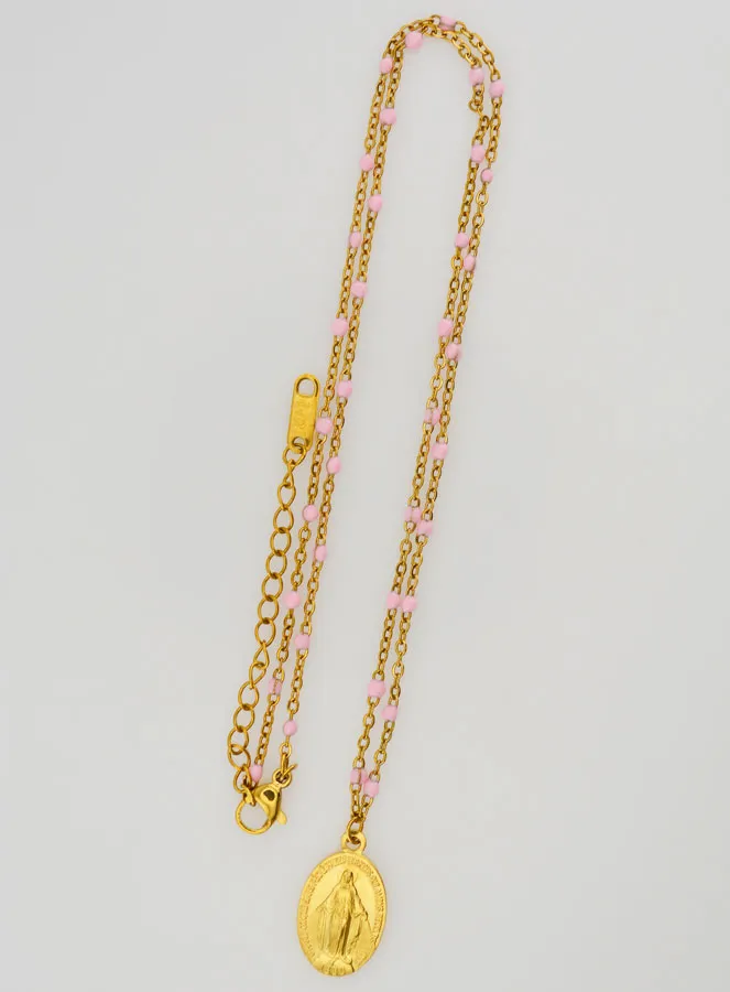 Beaded Necklace with Miraculous Medal – Pink (pic 2)