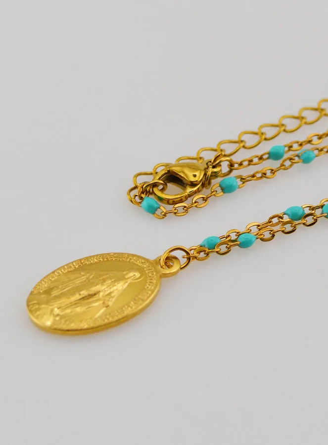 Miraculous Medal and Beaded Necklace – Turquoise (pic 1)