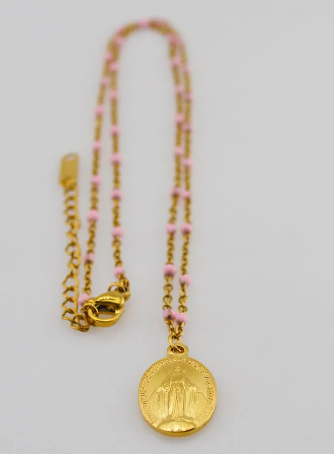 Miraculous Medal with Beaded Chain - Pink (pic 2)
