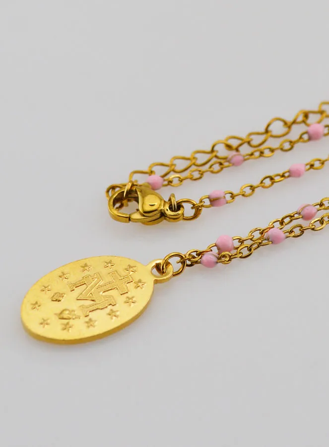 Miraculous Medal with Beaded Chain - Pink (pic 3)