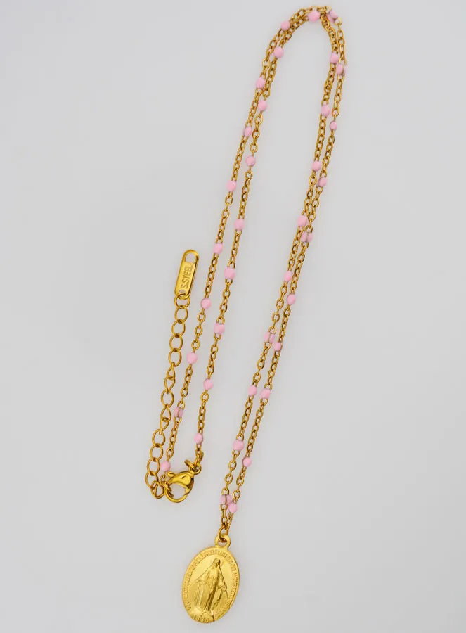 Miraculous Medal with Beaded Chain - Pink (pic 4)