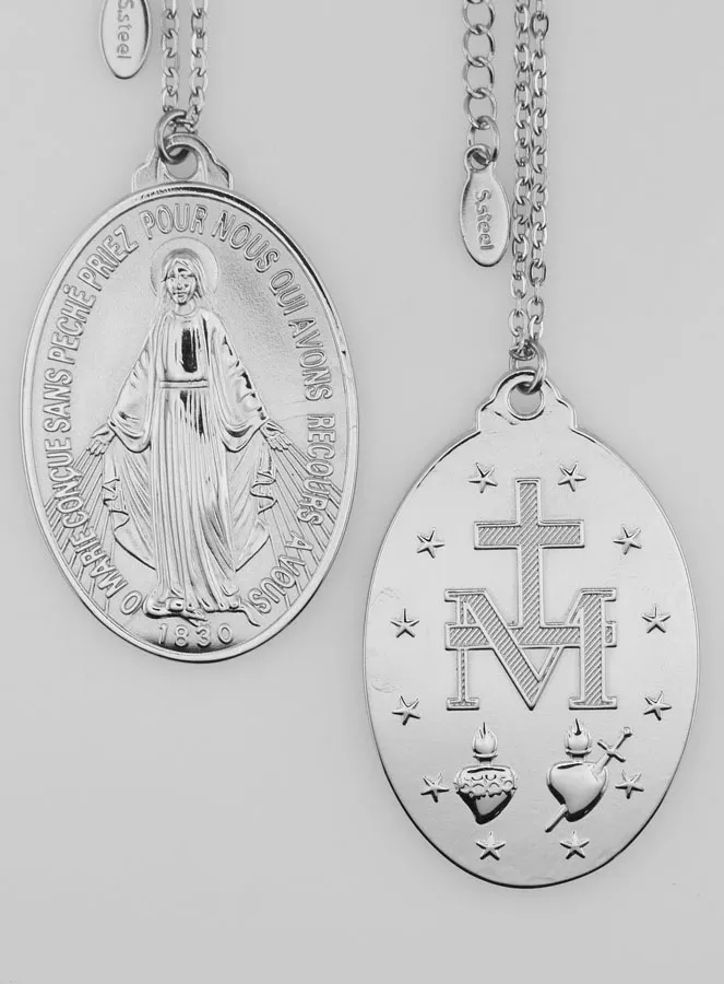 Silvery Miraculous Medal with Necklace - 40mm (pic 1)