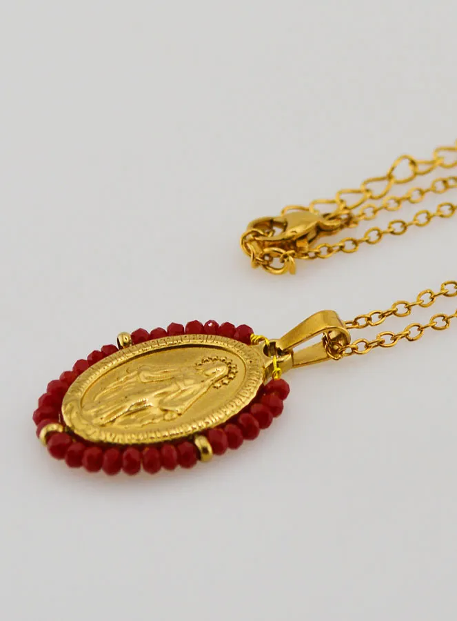 Miraculous Medal Necklace – Red Beads (pic 1)