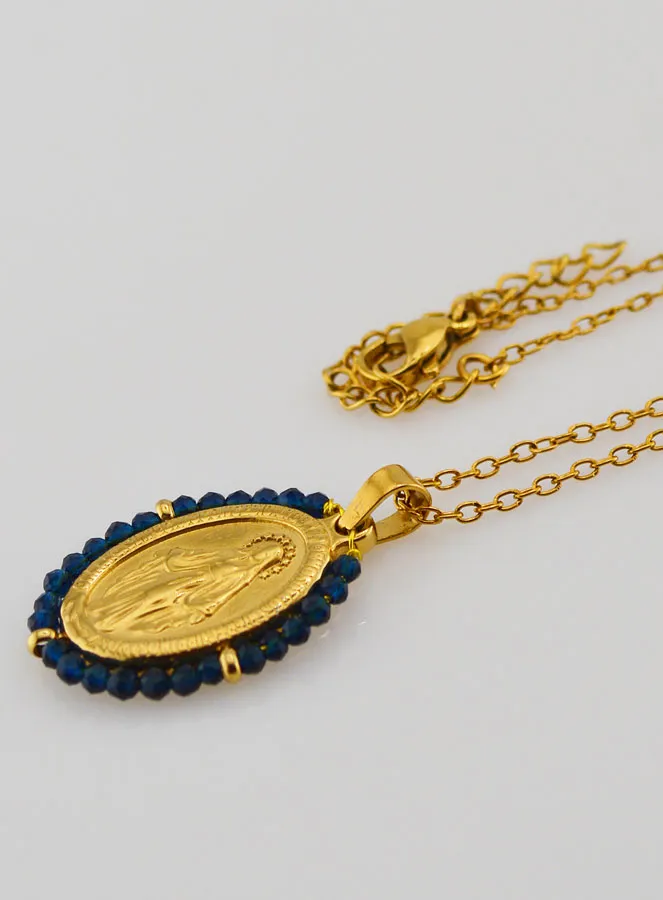 Miraculous Medal Necklace – Dark Blue Beads (pic 1)