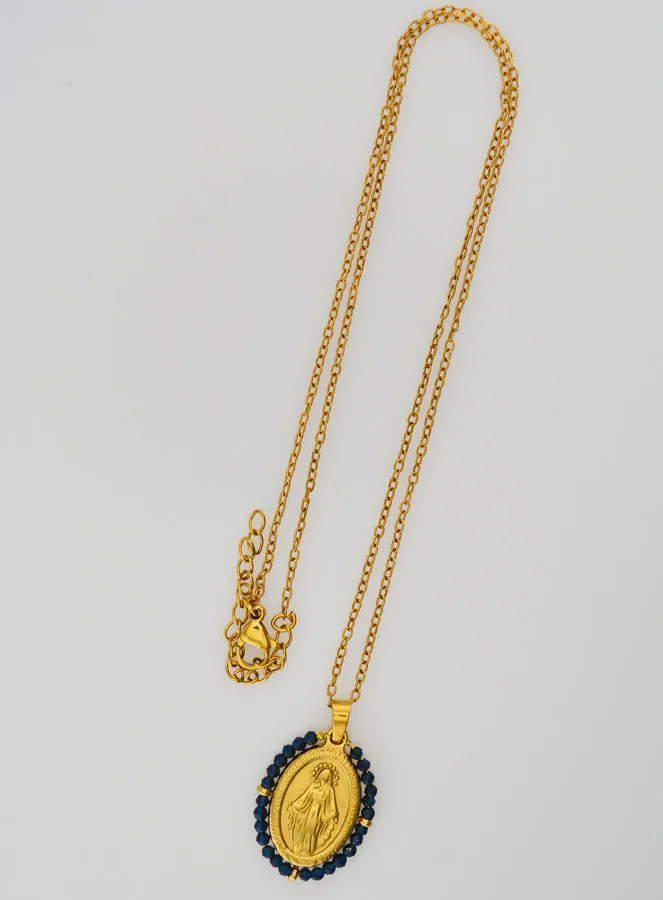 Miraculous Medal Necklace – Dark Blue Beads (pic 2)