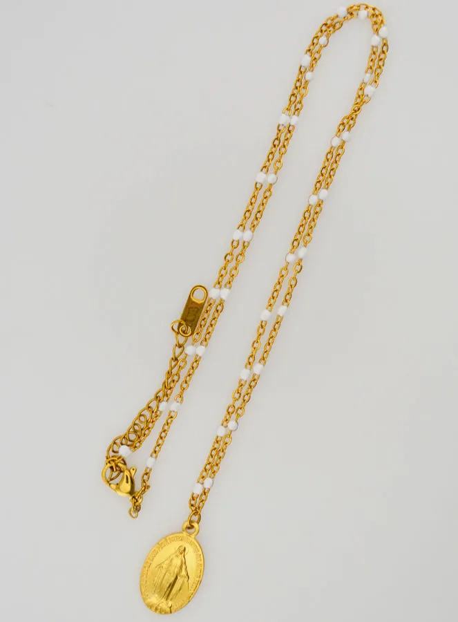 Beaded Necklace with Miraculous Medal – White (pic 2)