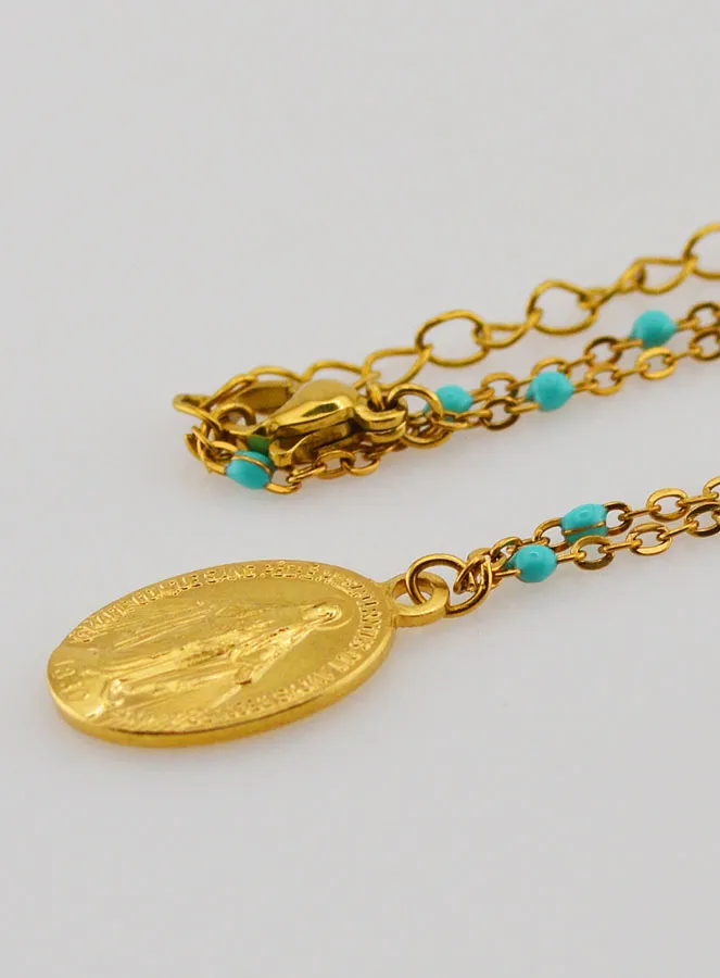 Beaded Necklace with Miraculous Medal – Turquoise (pic 1)