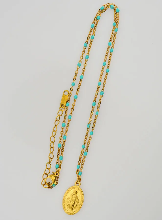 Beaded Necklace with Miraculous Medal – Turquoise (pic 2)