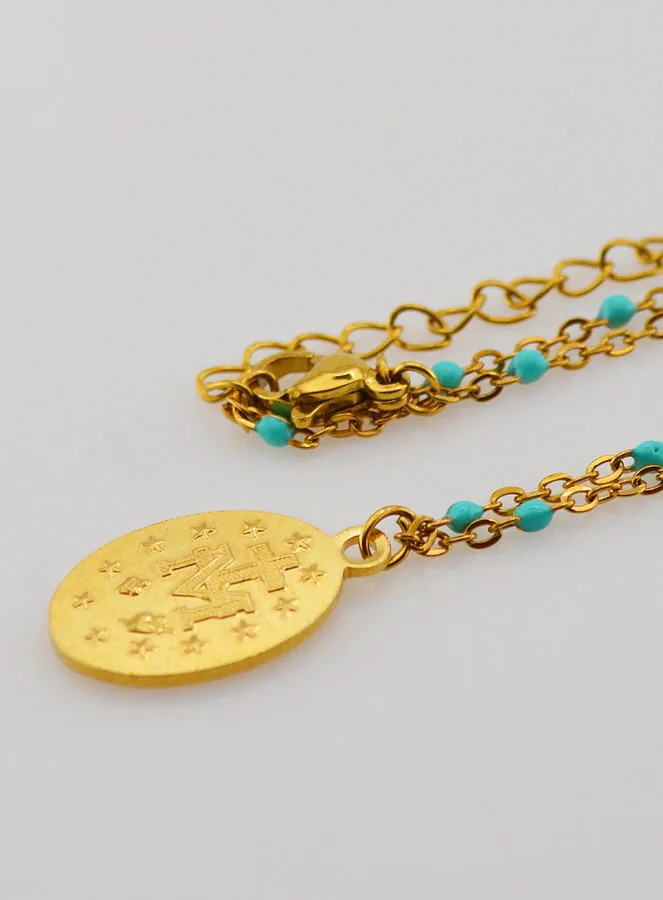 Beaded Necklace with Miraculous Medal – Turquoise (pic 4)