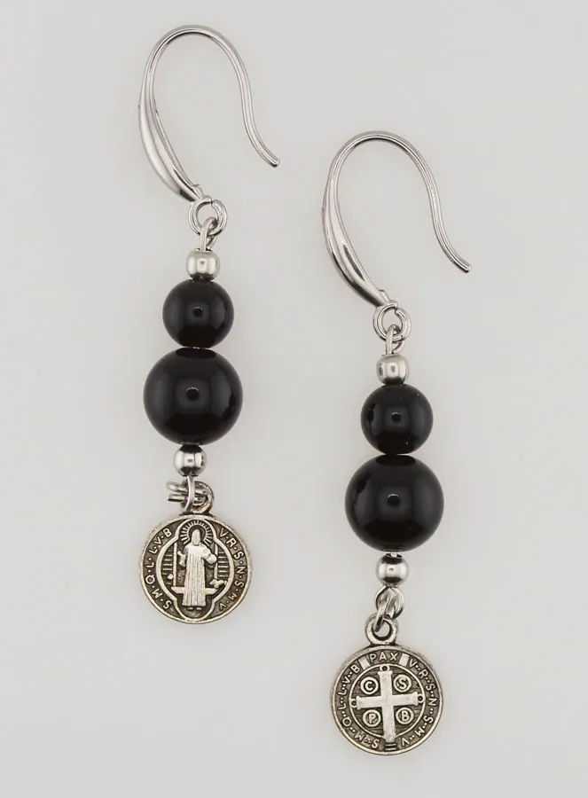 Protective Earrings – St Benedict and Obsidian (pic 1)