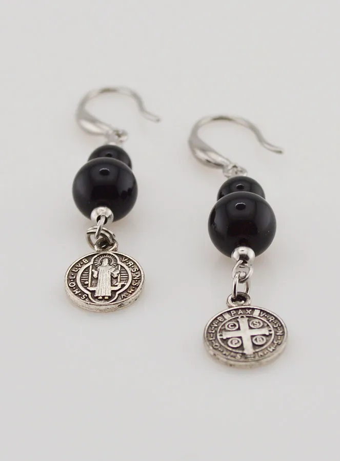 Protective Earrings – St Benedict and Obsidian (pic 2)