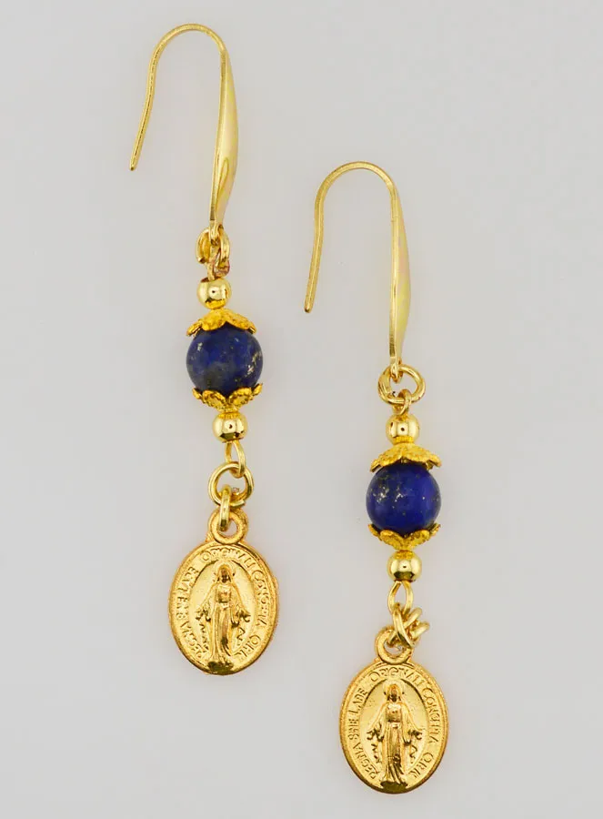 Earrings – Miraculous Medal and Lapis Lazuli (pic 1)