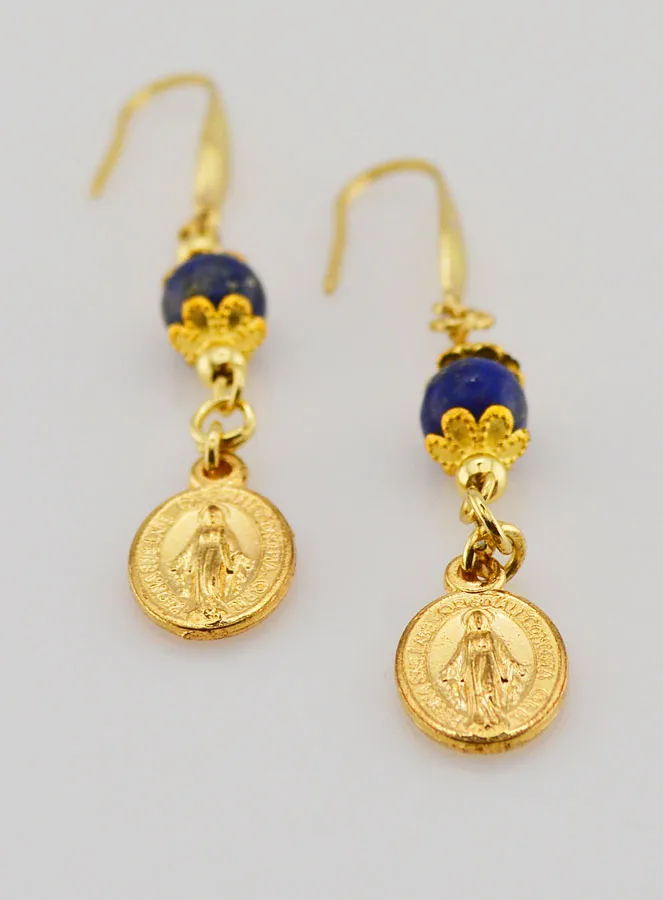 Earrings – Miraculous Medal and Lapis Lazuli (pic 2)
