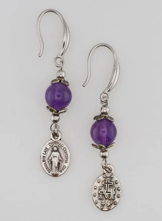 Earrings – Miraculous Medal and Amethyst (pic 1)