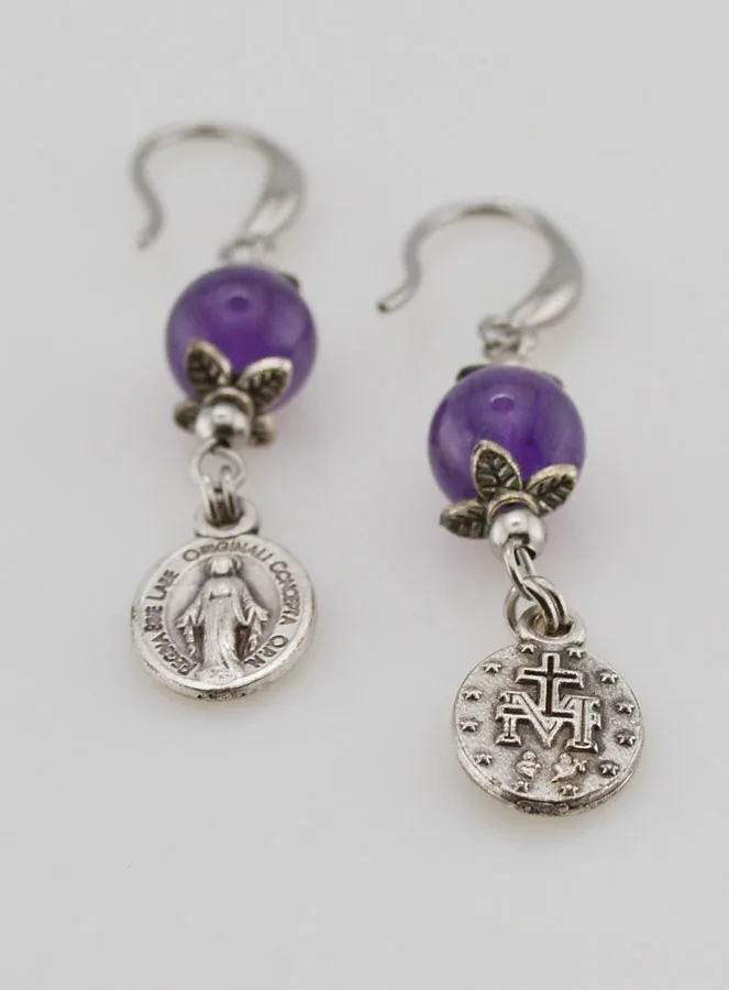 Earrings – Miraculous Medal and Amethyst (pic 2)