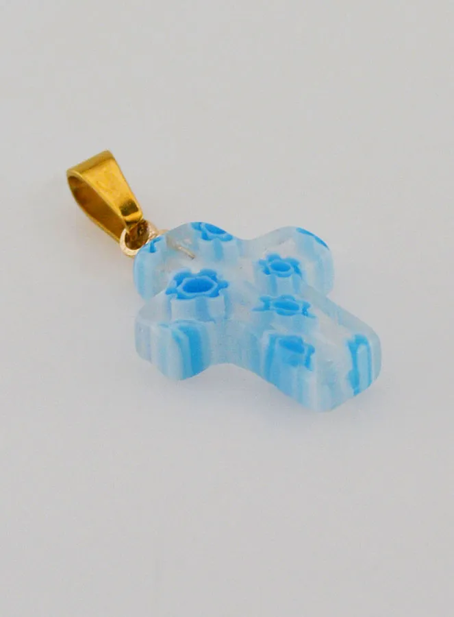 Handcrafted Glass Cross Pendant – White and Blue (pic 3)