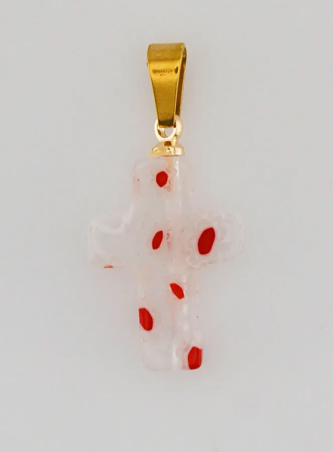 Handcrafted Glass Cross Pendant – Red Flowers (pic 1)