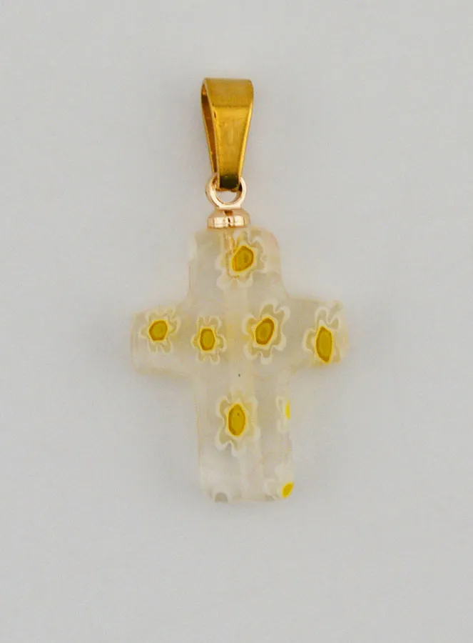 Handcrafted Glass Cross Pendant – Yellow Flowers (pic 1)