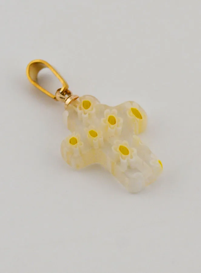 Handcrafted Glass Cross Pendant – Yellow Flowers (pic 3)