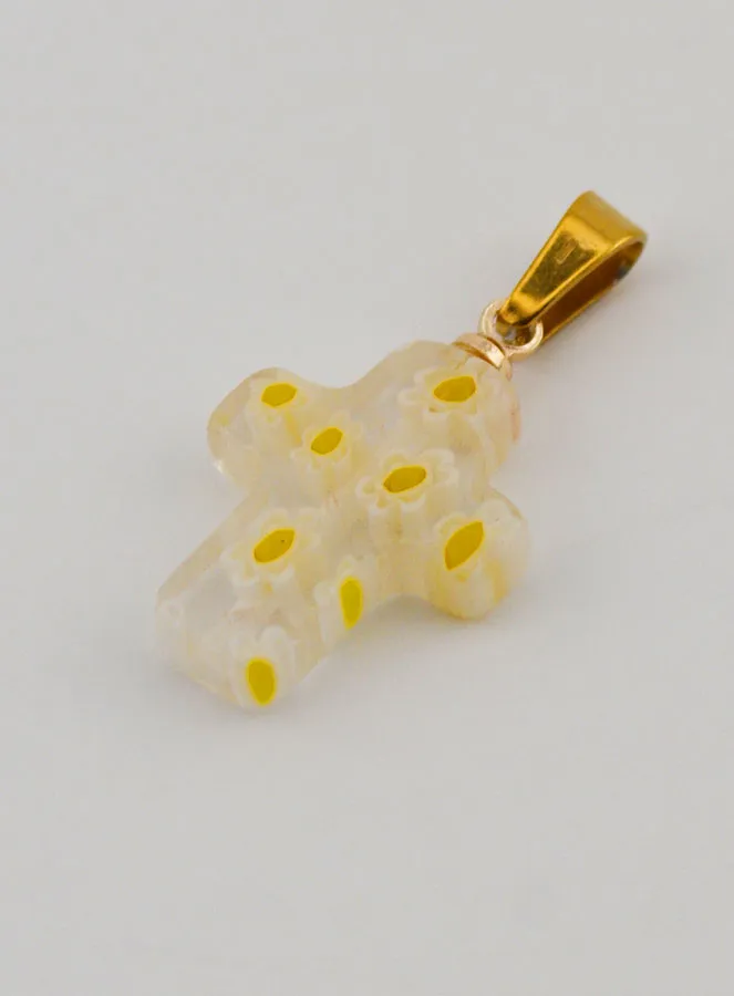 Handcrafted Glass Cross Pendant – Yellow Flowers (pic 4)