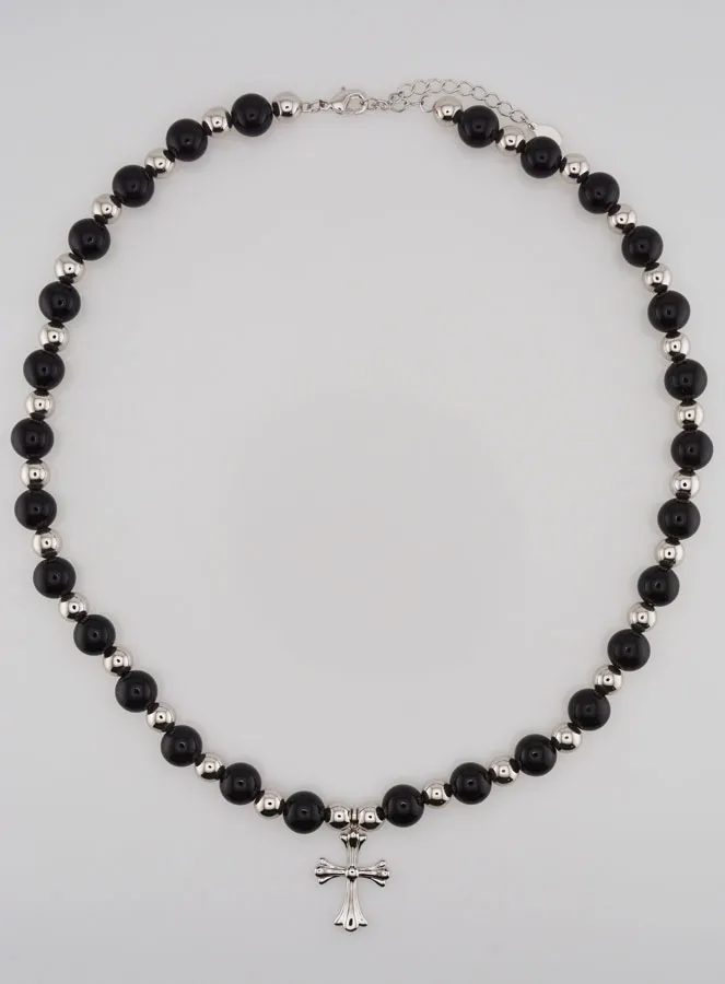 Religious Necklace with Black Agate and Cross (pic 1)