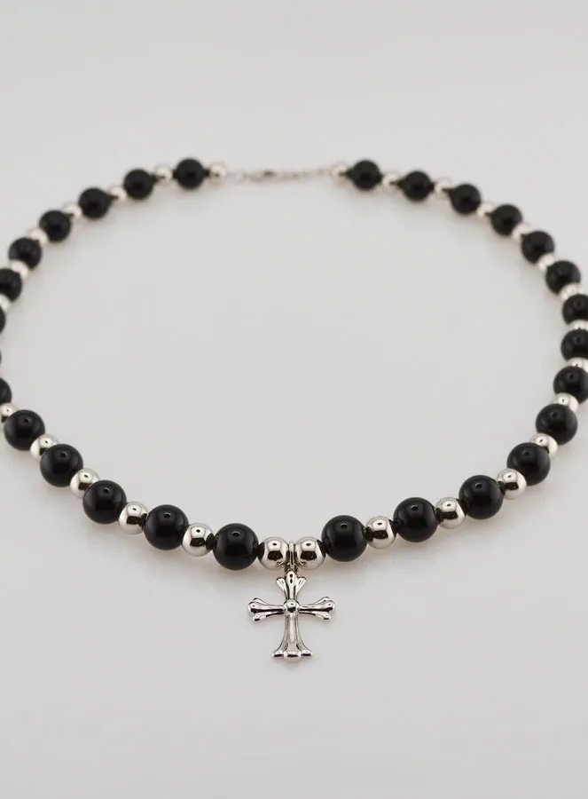 Religious Necklace with Black Agate and Cross (pic 2)