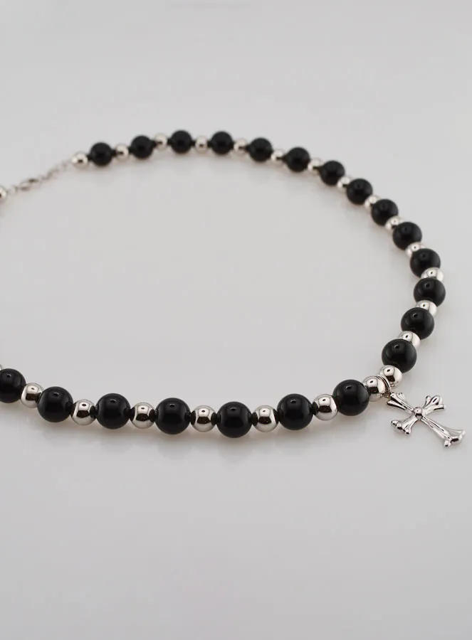 Religious Necklace with Black Agate and Cross (pic 3)