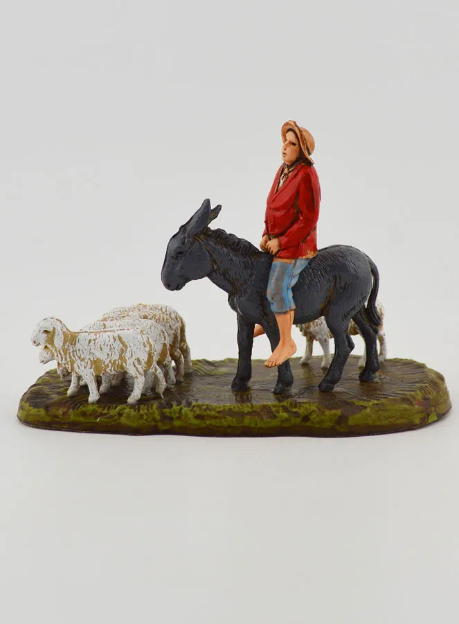 Nativity Figure Shepherd on a Donkey and Sheep – 6cm (pic 1)