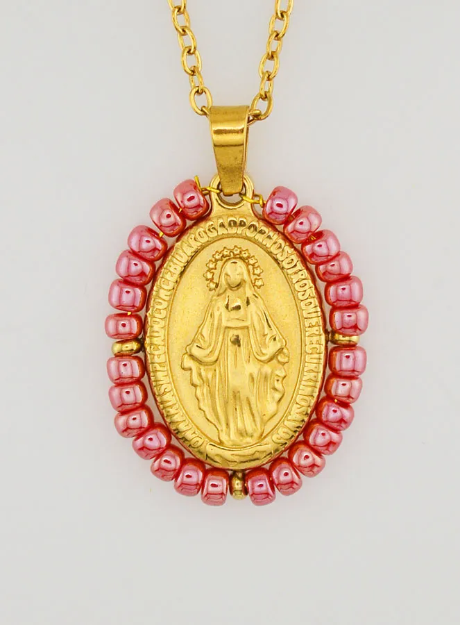 Miraculous Medal + Chain – Pearlescent Pink Beads (pic 1)