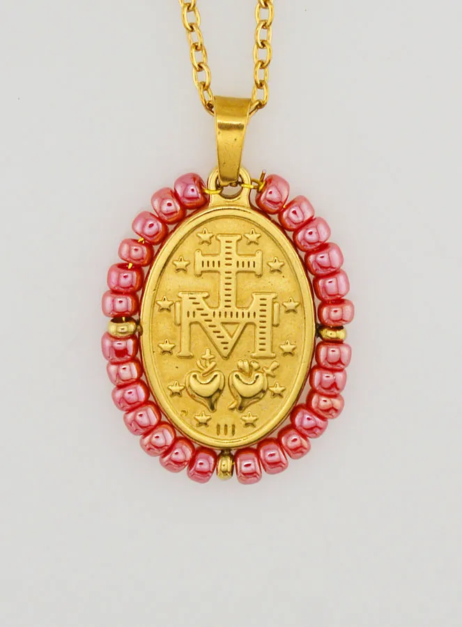 Miraculous Medal + Chain – Pearlescent Pink Beads (pic 2)