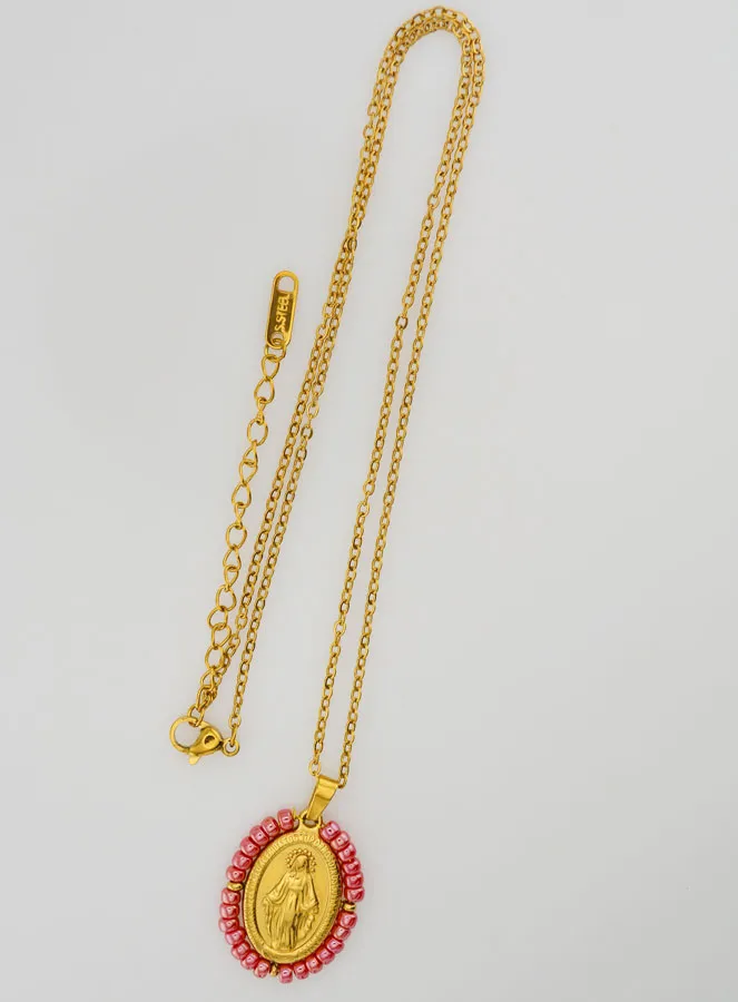 Miraculous Medal + Chain – Pearlescent Pink Beads (pic 3)