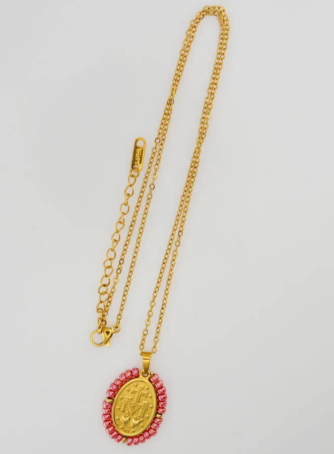 Miraculous Medal + Chain – Pearlescent Pink Beads (pic 4)