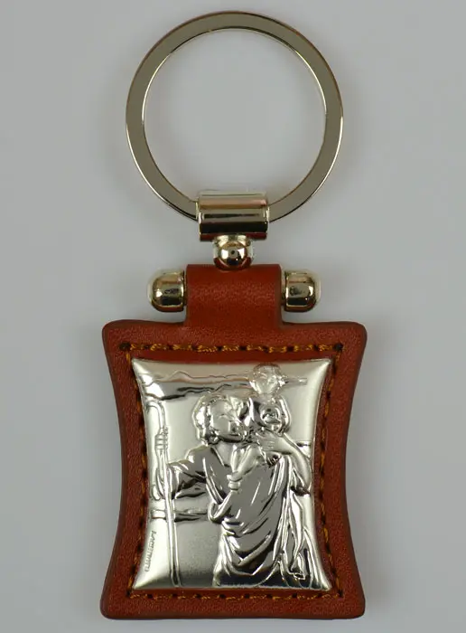 Saint Christopher Silver & Brown Leather Key Chain (pic 2)