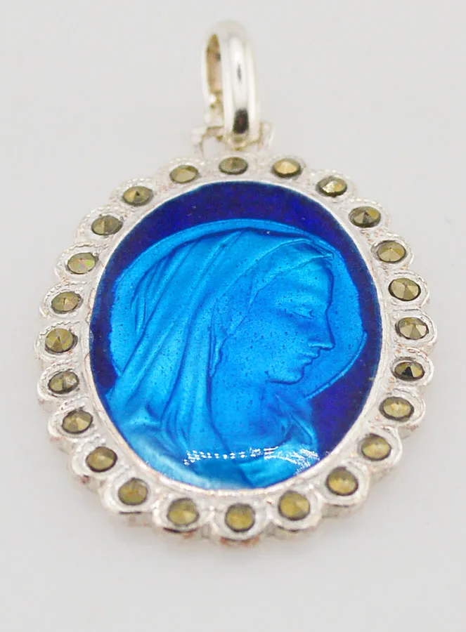 Holy Virgin Mary Silver & Blue Enamel Medal - 3 cm (pic 2)