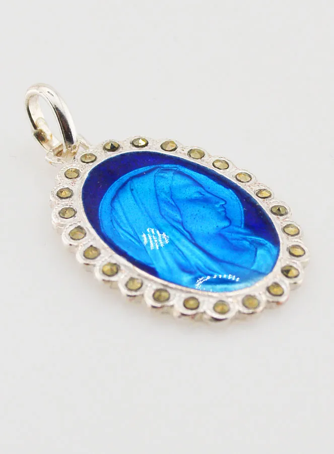 Holy Virgin Mary Silver & Blue Enamel Medal - 3 cm (pic 3)