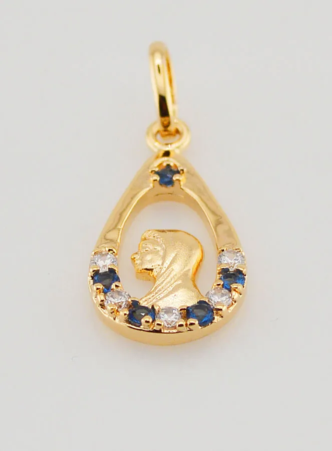 Virgin Mary Drop Pendant - Strass Diamond Sapphire Gold Plated (pic 2)