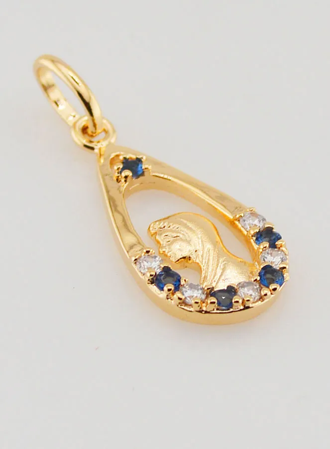 Virgin Mary Drop Pendant - Strass Diamond Sapphire Gold Plated (pic 3)
