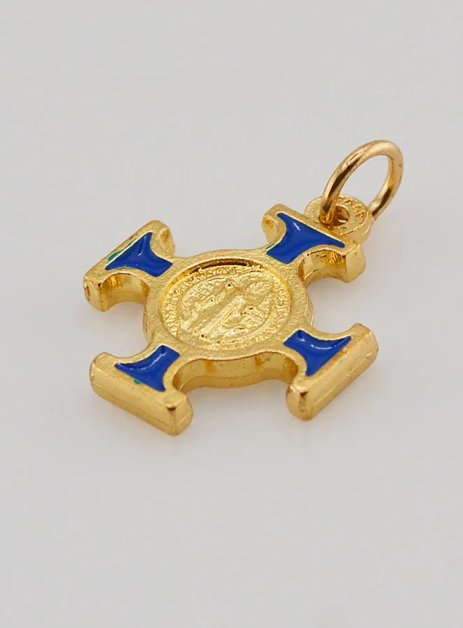 Saint Benedict Golden Cross Pendant - Blue - 2 cm (pic 4)