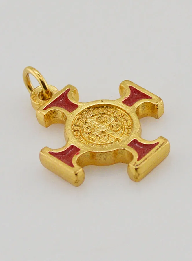 Saint Benedict Golden Cross Pendant - Red - 2 cm (pic 3)