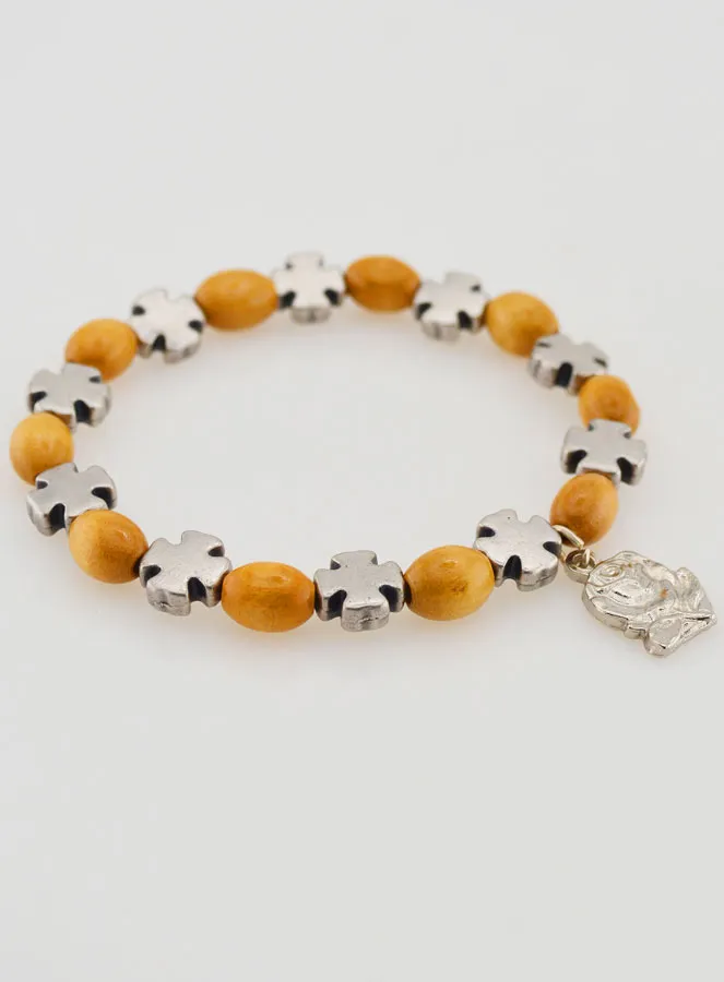 Silver Cross & Wood Rosary Bracelet (pic 3)